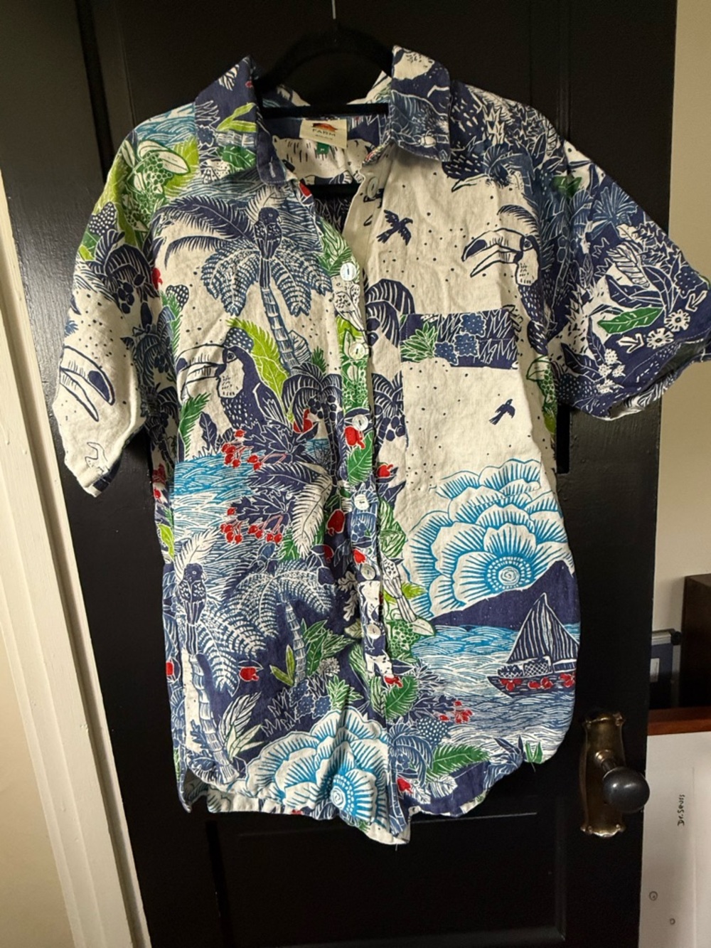 FARM Rio Blue White Green Linen Floral Tropical Playsuit Romper, Small - Picture 2 of 6